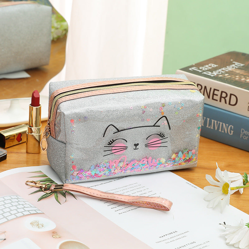Wholesale Cat cartoon cosmetic bag quicksand pencil case cosmetic bag