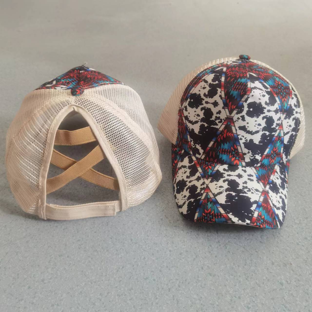 Wholesale Printed frayed edge cross ponytail baseball cap
