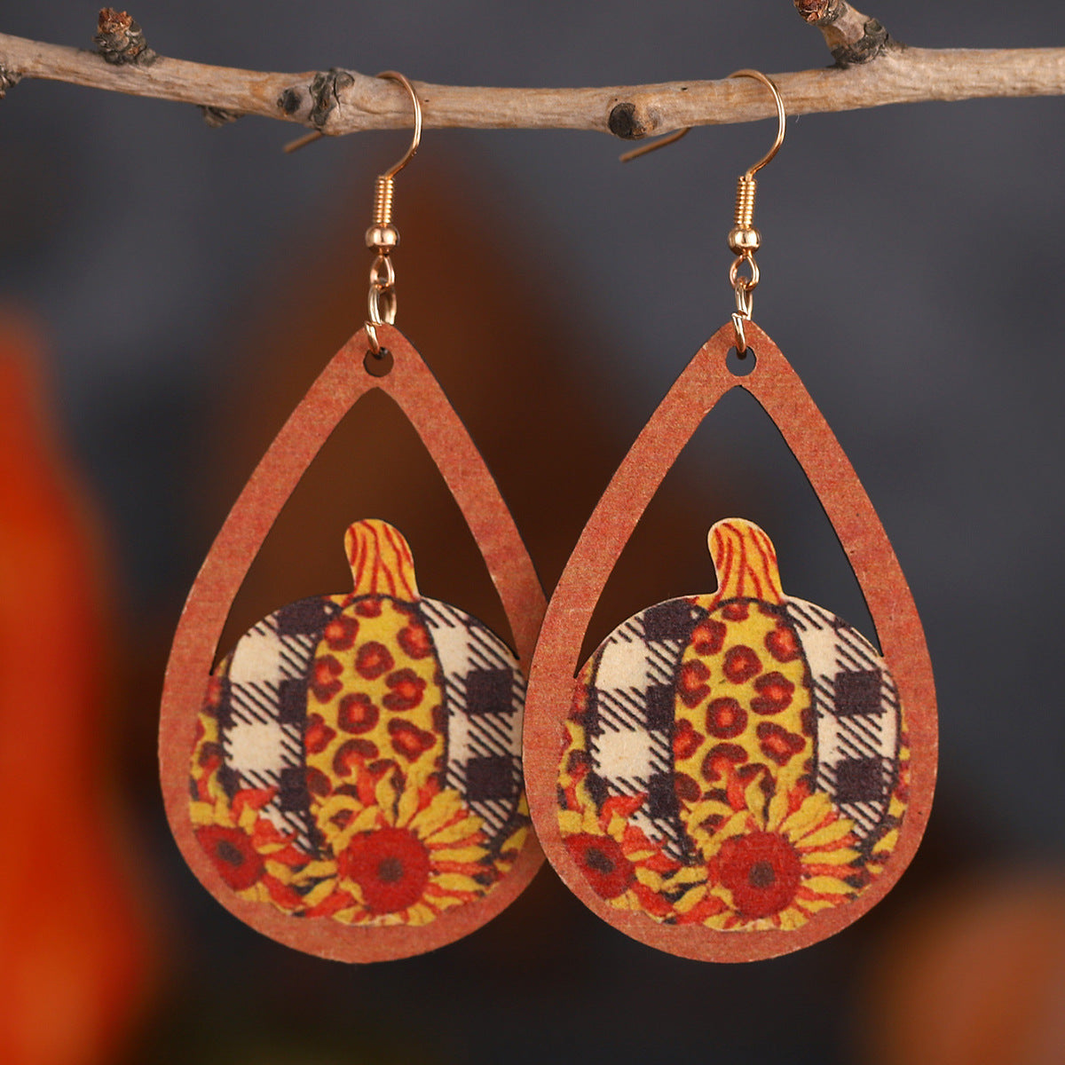 Thanksgiving Leopard Print Pumpkin Wooden Double-Sided Teardrop Earrings