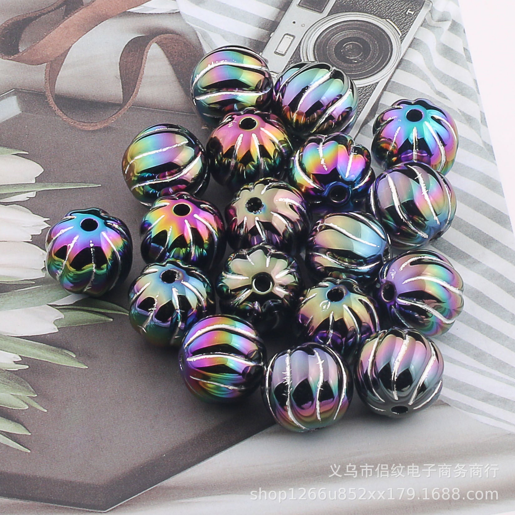 Wholesale 20PCS  Acrylic UV Plated Silver Edge Straight Hole Pumpkin Beads