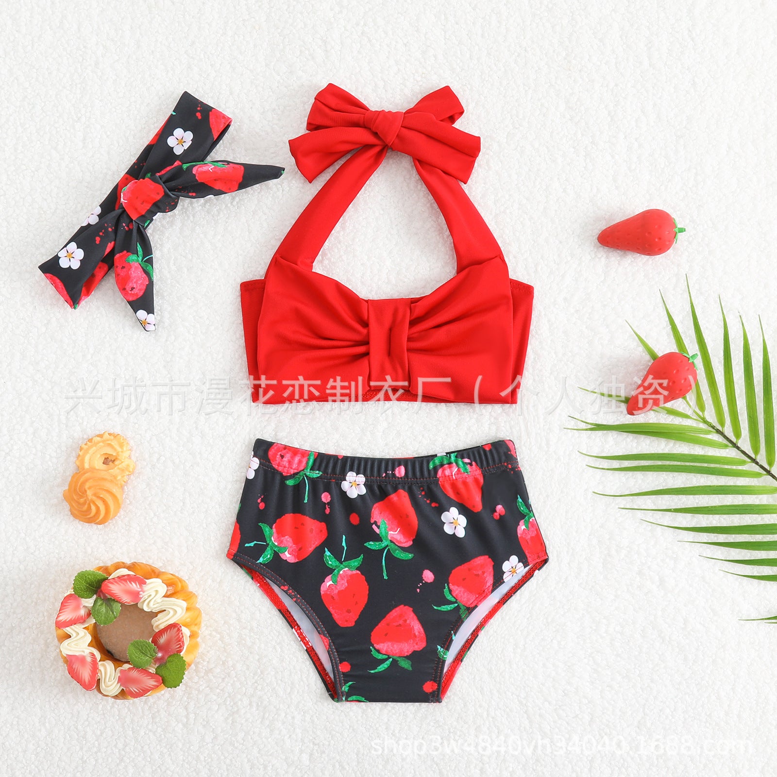 Wholesale Strawberry Print Bowknot Infant Red Sling Two-Piece Swimsuit