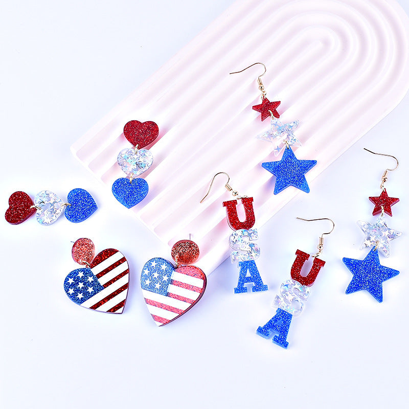 Wholesale American Independence Day Red White and Blue Striped Flag Love Heart Five-pointed Star Earrings