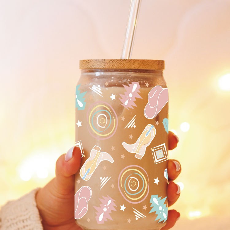 Wholesale Western style cow head boots sunflower  16oz Cup UV DTF Wraps