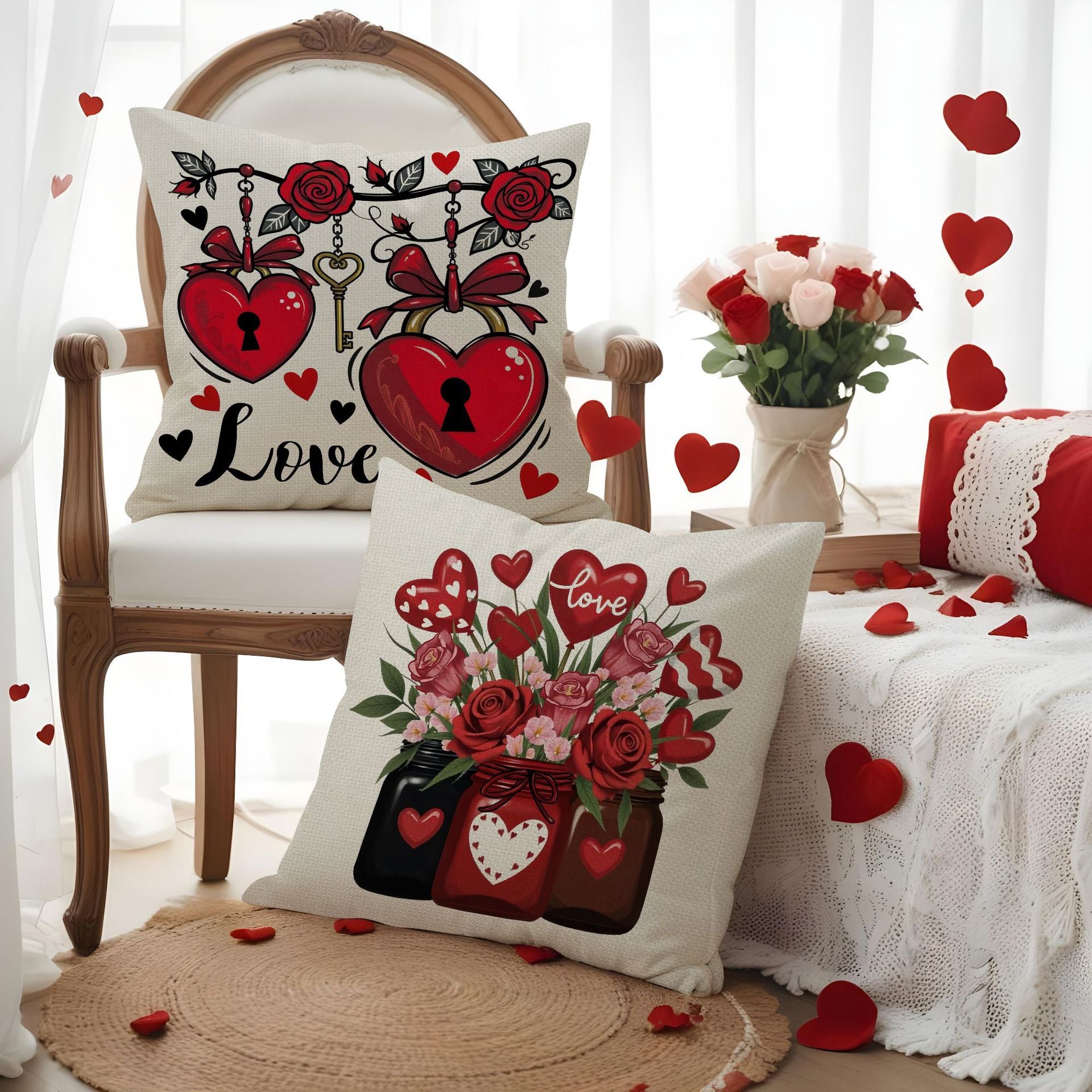 Wholesale Valentine' s Day Set Pillowcase  Imitation linen Heart Bedside Cushion