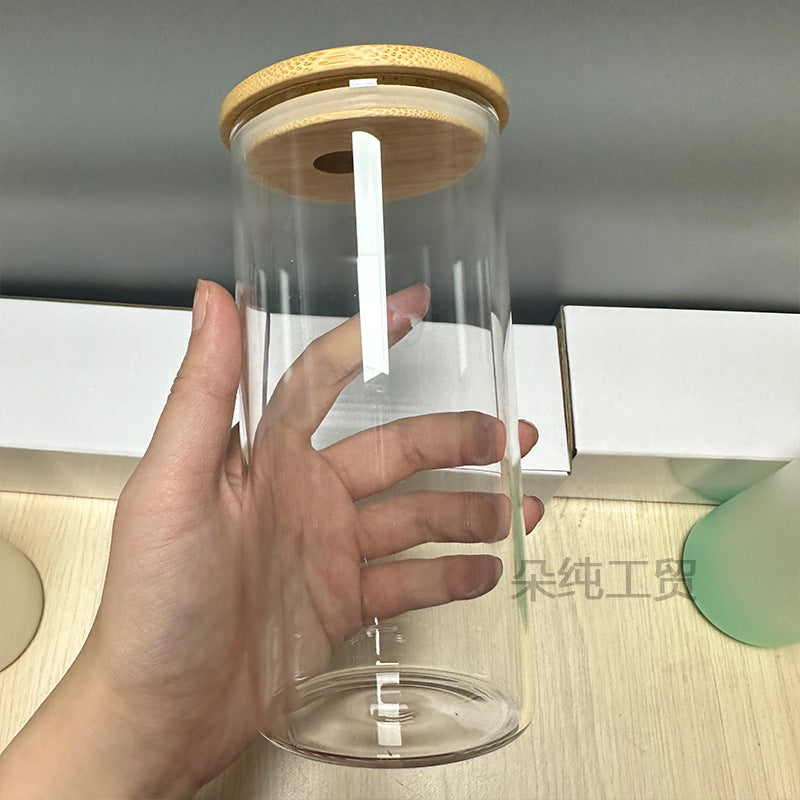 Wholesale Sublimation Mason Glass 12oz/16oz Coke Cup Cans Frosted Straws Single and Double Glass Bamboo Cover Cup