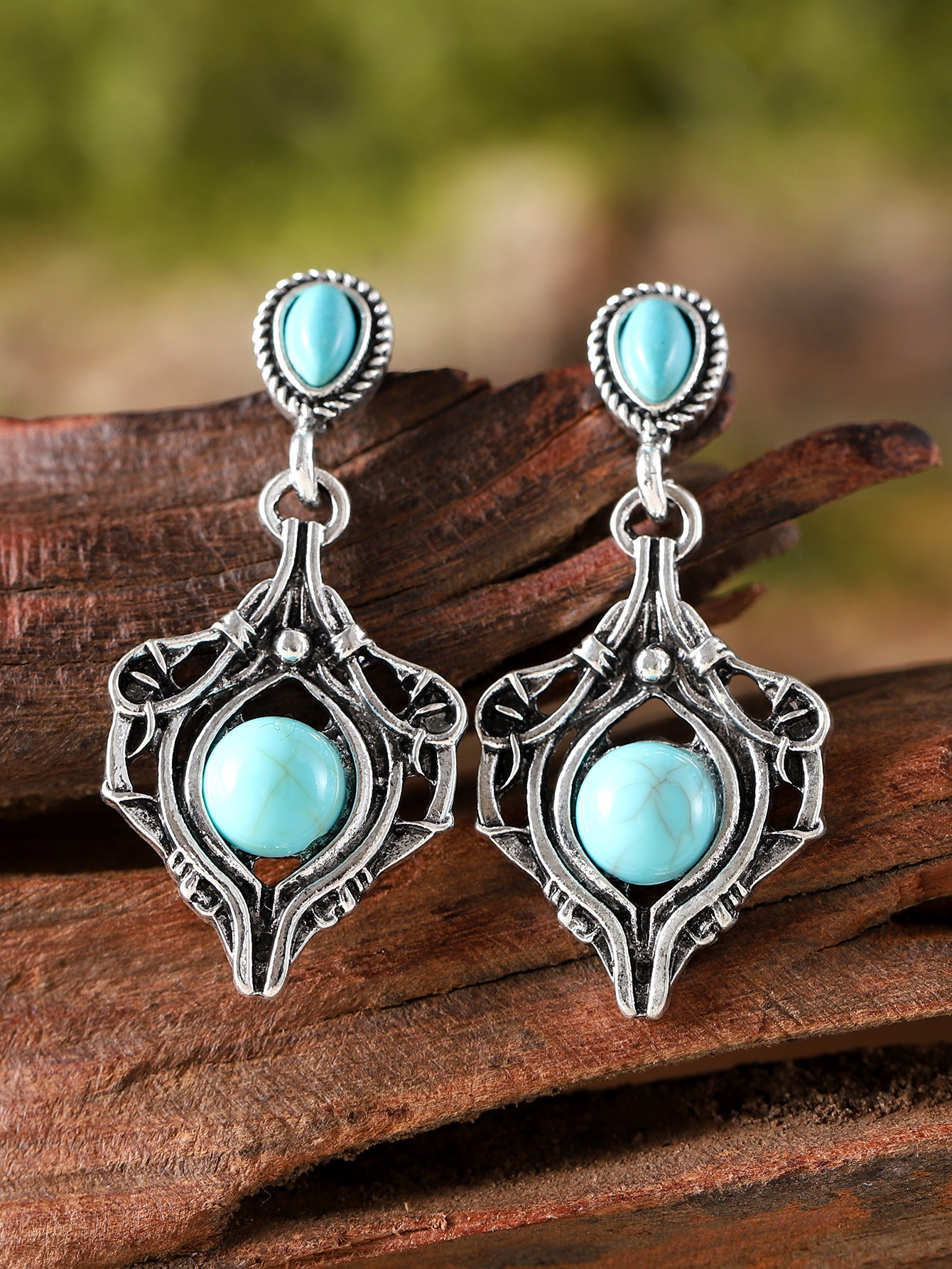 Wholesale Bohemian Drop Earrings Ancient Silver Gemstone Wrapped Party Wear Fashion Accessory