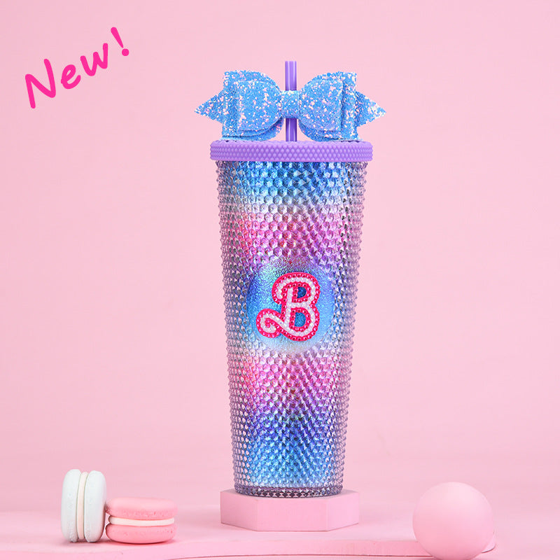 Wholesale Double-layer Plastic 710ml Large Capacity Straw Cup with Glitter Bow Tie Hand Cup Durian Cup