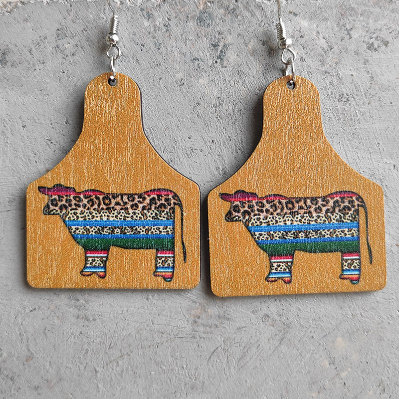 Wholesale 2 Pair/Pack Western Leopard Vintage Aztec Cow Brand Turquoise Green Wood Earrings