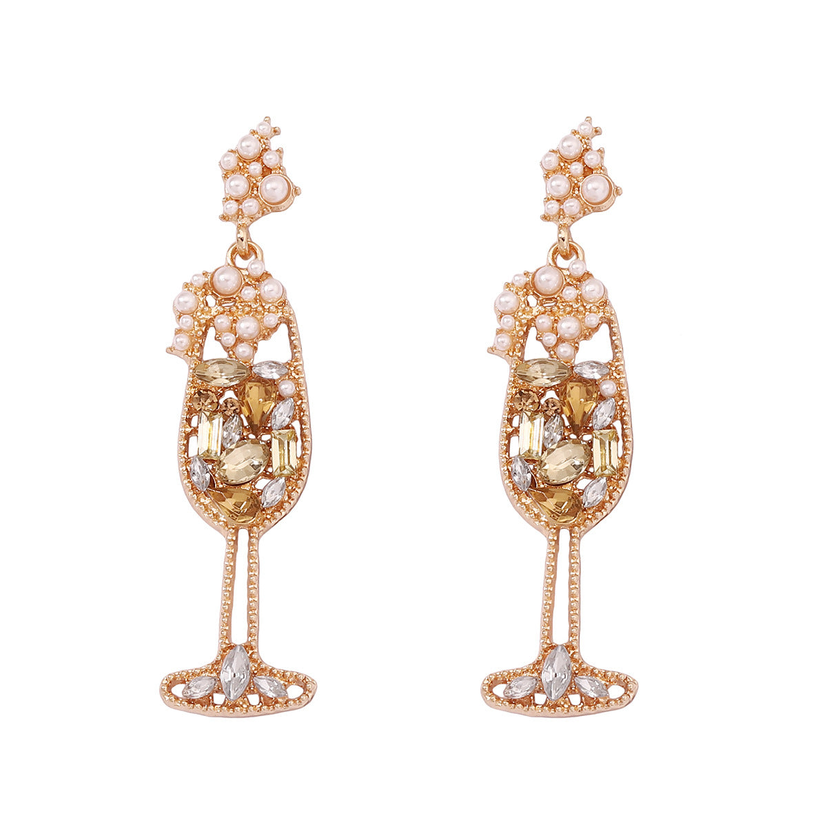 Wholesale Pearl Inlaid Diamond Wine Glass Shaped Alloy Earrings
