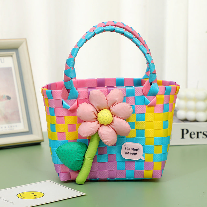 Wholesale Children's flower cute summer beach colorful literary hand-woven handbag