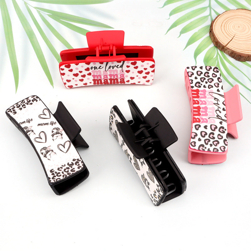 Wholesale Mother's Day Retro Pink Love Leopard Print Plastic Hair Clips