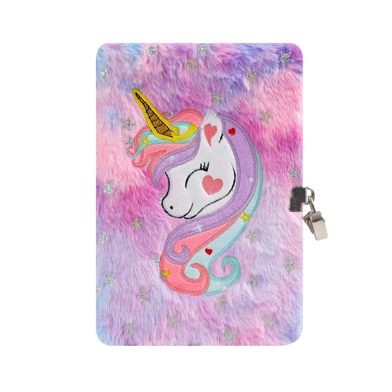 Wholesale Silver-stamped unicorn plush tie-dye notebook with lock