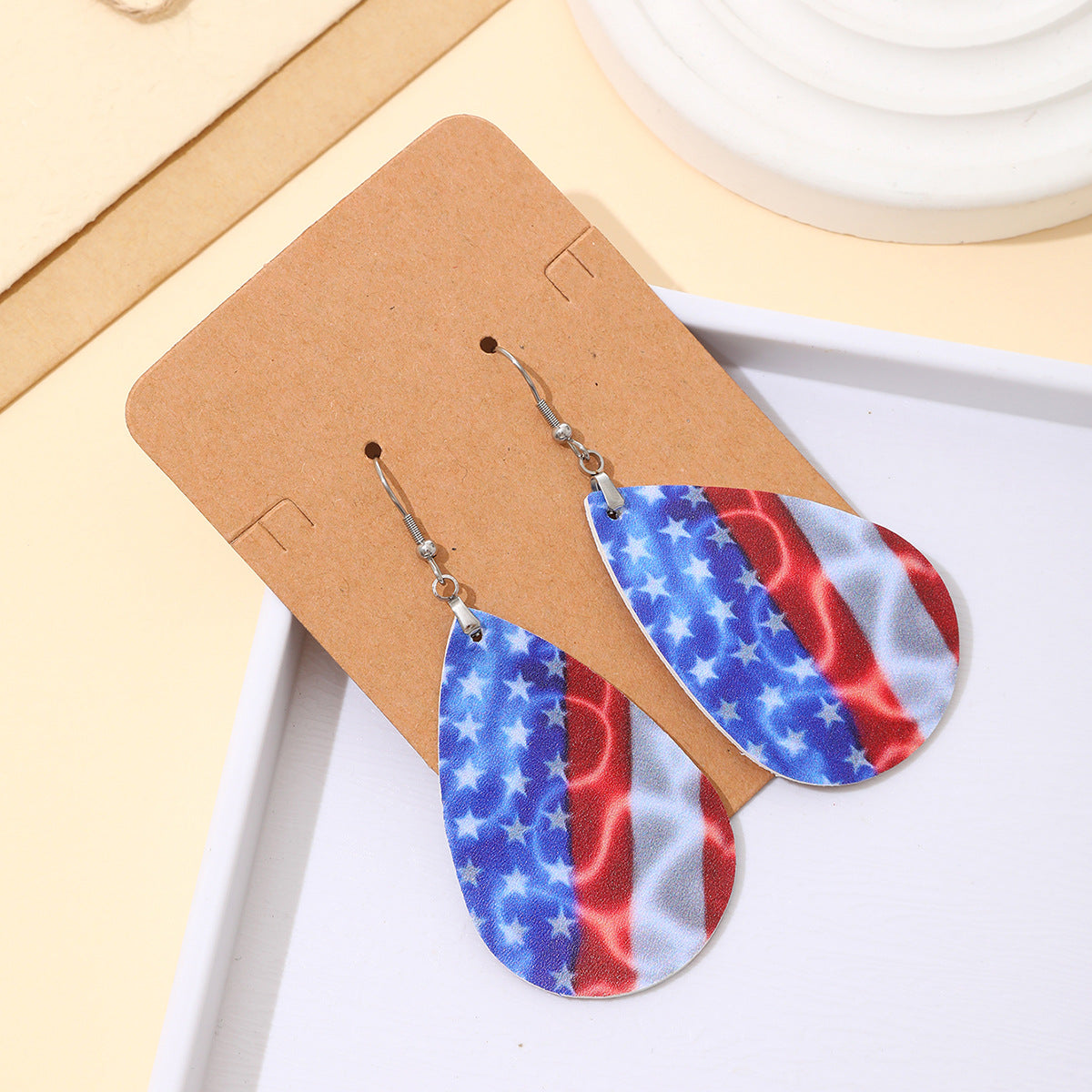 Wholesale Independent Day Stripe Star Water Drops American PU Leather Ear Ring