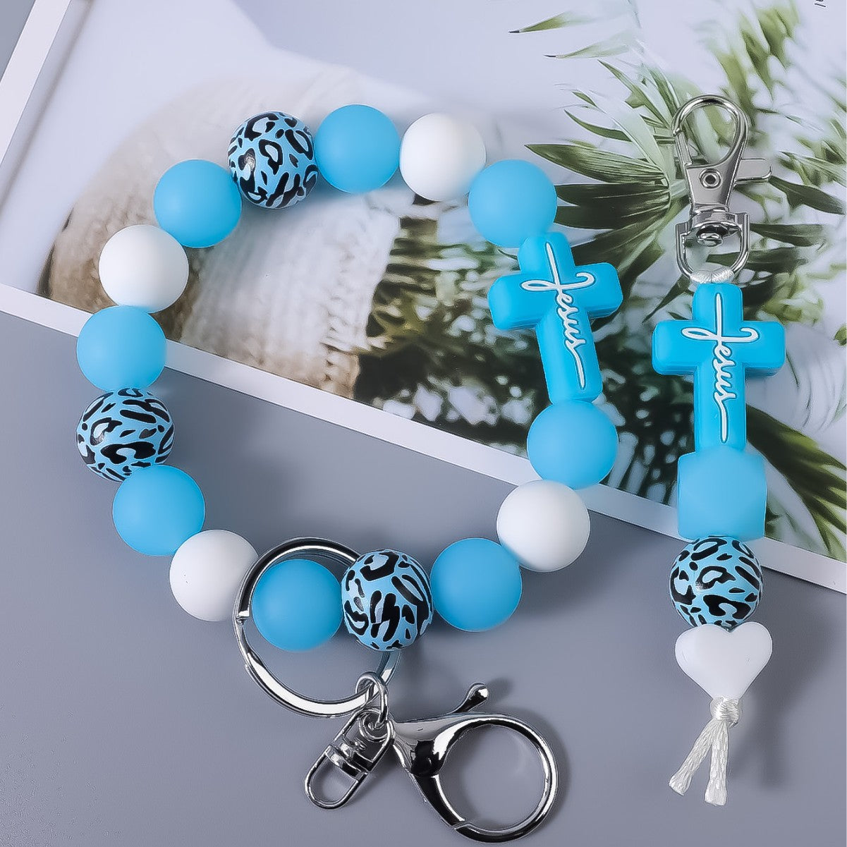 Wholesale Cross Silicone Leopard Print Wooden Bead Keychain