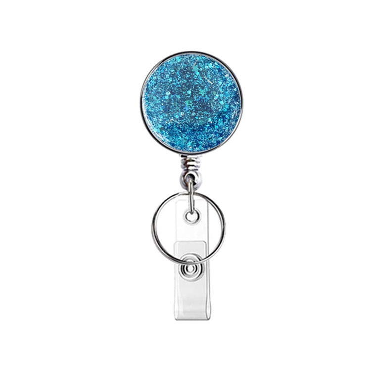 Wholesale Badge Reels UV Electroplated Resin Glitter Sequins Epoxy Badge Reel Retractable Keychain