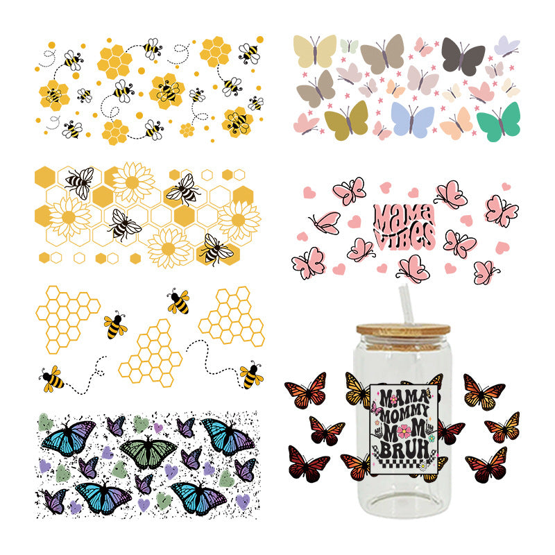 Wholesale Cartoon Cute Yellow Bee Butterfly Flower Theme 16oz Cup UV DTF Wraps
