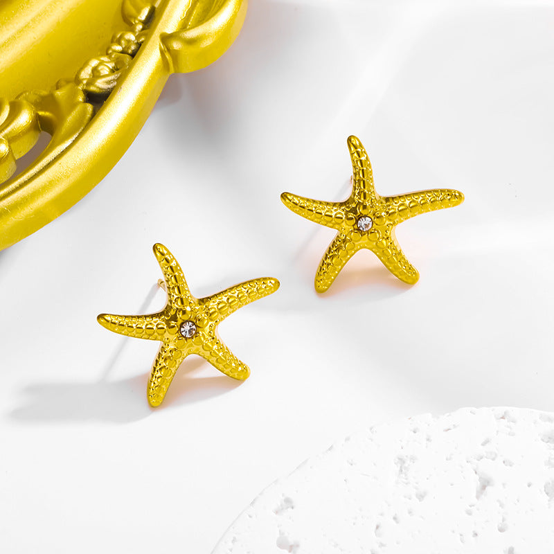Wholesale Summer Little Starfish Diamond-Studded Necklace and Earrings Titanium Steel Jewelry Set