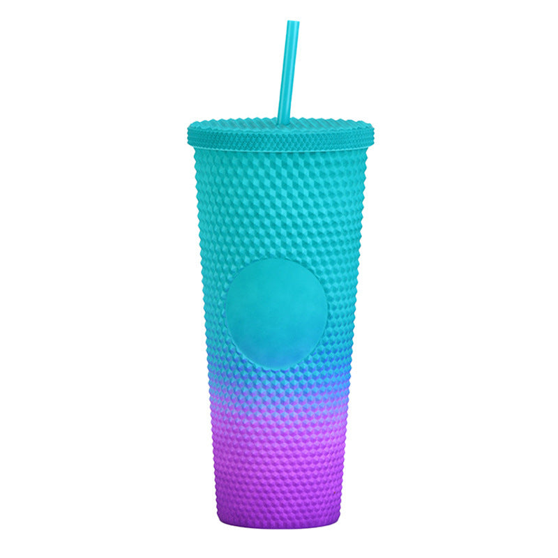 Wholesale Double-layer Plastic 710ml Durian Prick Hand Luminous Color Changing Rainbow Gradient Straw Cup