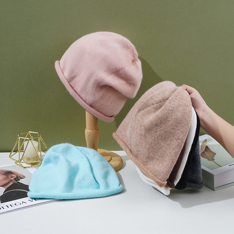 Wholesale Solid Color Rolled Hem Pile Hat Rabbit Fluff Wool Cashmere Hat
