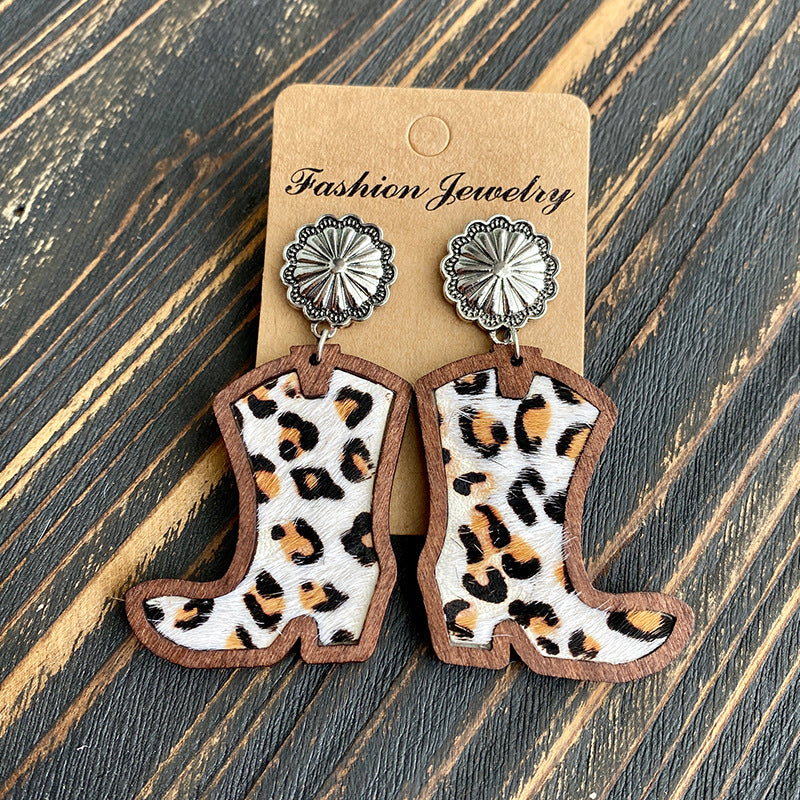 Wholesale Western style denim boots with leopard print inlaid wooden earrings