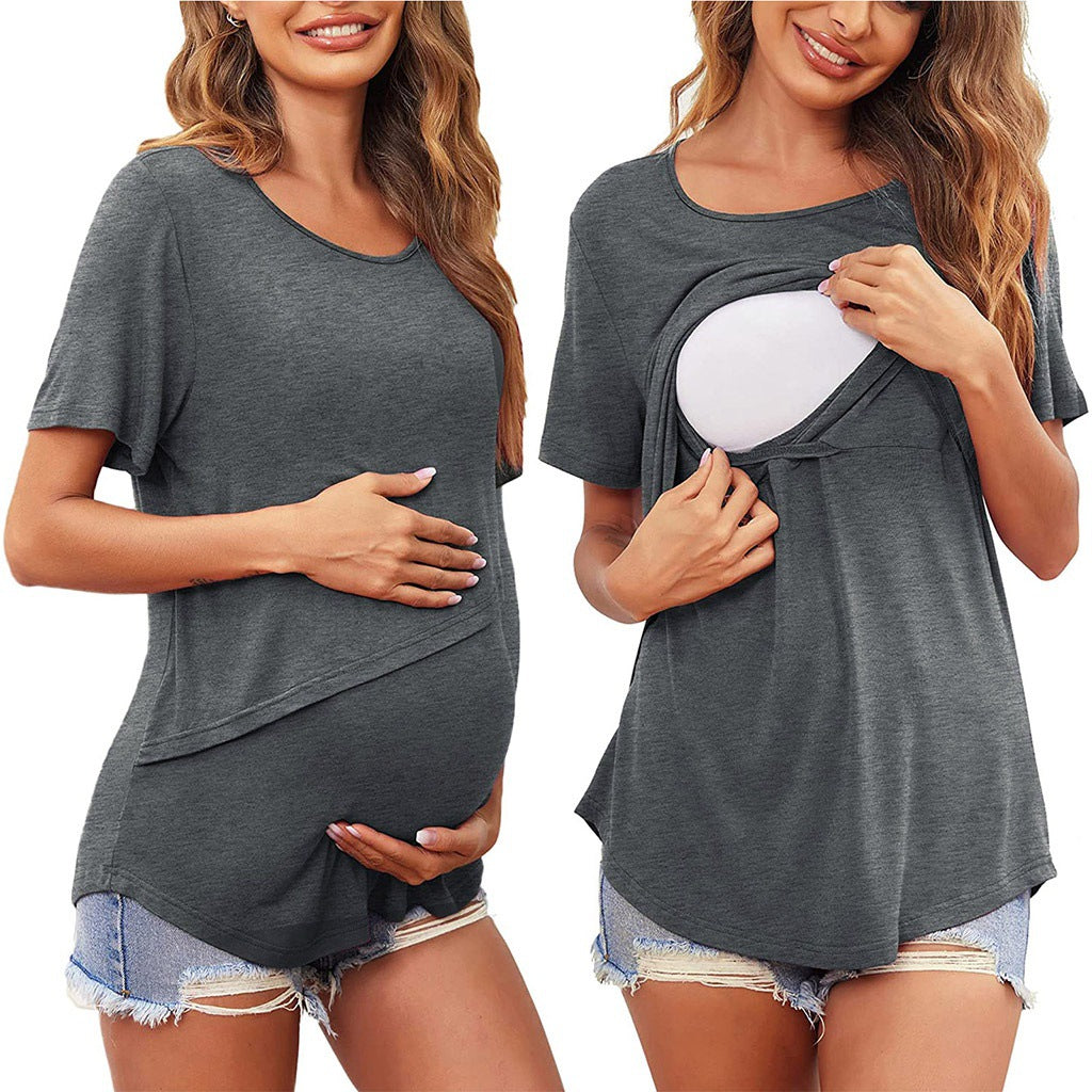 Wholesale Solid Color Postpartum Nursing Polyester Tops for Pregnant Women