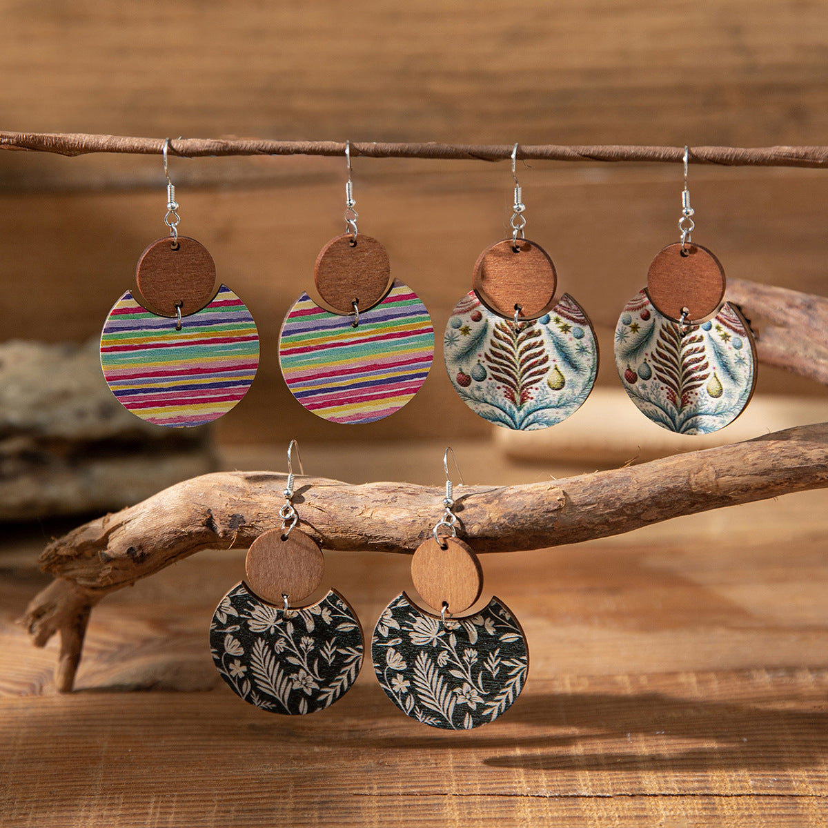 Wholesale Boho Lightweight Wooden Round Earrings