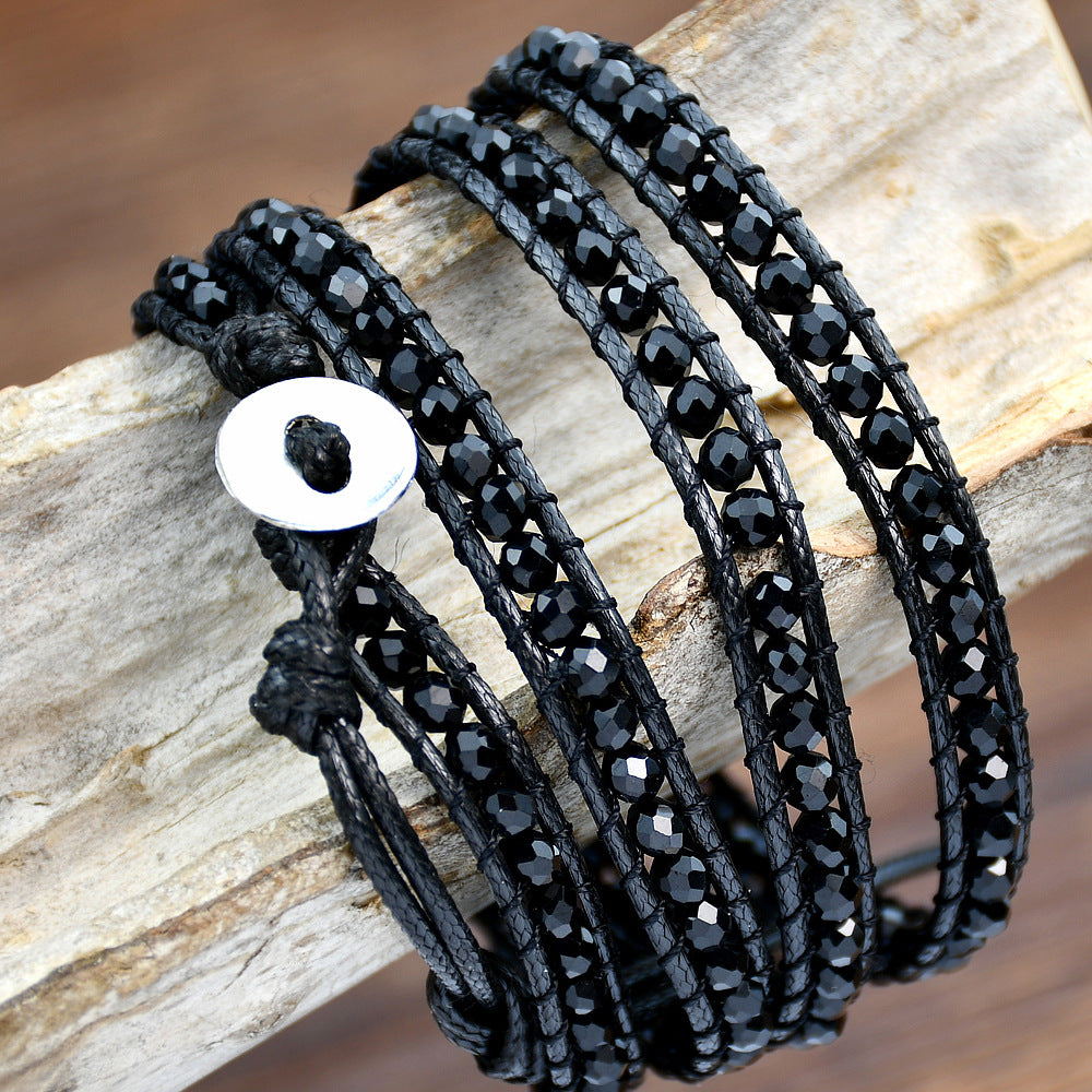 Brazalete ajustable de múltiples capas de cristal múltiple tejido tejido de mano negro al por mayor