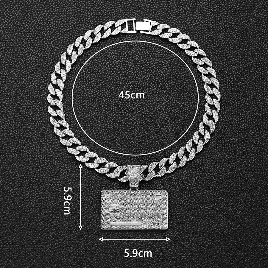 Wholesale Hip Hop Full Diamond Alloy Square Bank Card Shield Men's Necklace