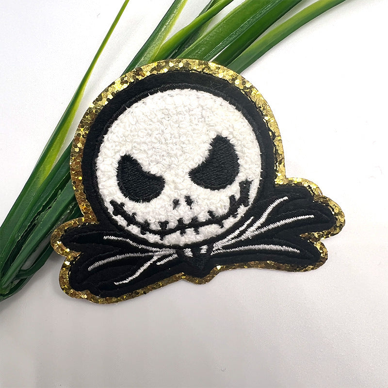 Wholesale  Glitter Embroidered Patches With Skull Pumpkin Ghost Motif Heat Seal For Coat Trendy Craft Gift DIY