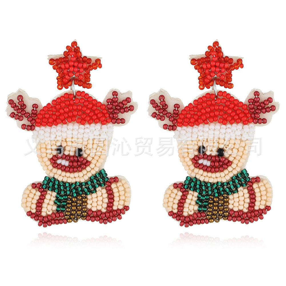 Wholesale Christmas Fabric Felt Christmas Tree Elk Snowman Handmade Rice Bead Earrings
