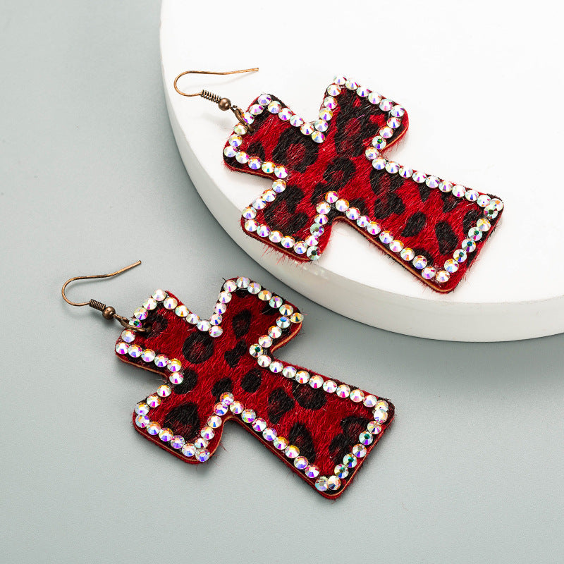 Wholesale Handmade Personalized Exaggerated Cross Genuine Leather Leopard Print Earrings