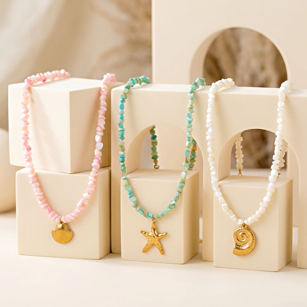 Wholesale  Bohemian Style Stainless Steel Titanium Steel Pendant Natural Shell Necklace