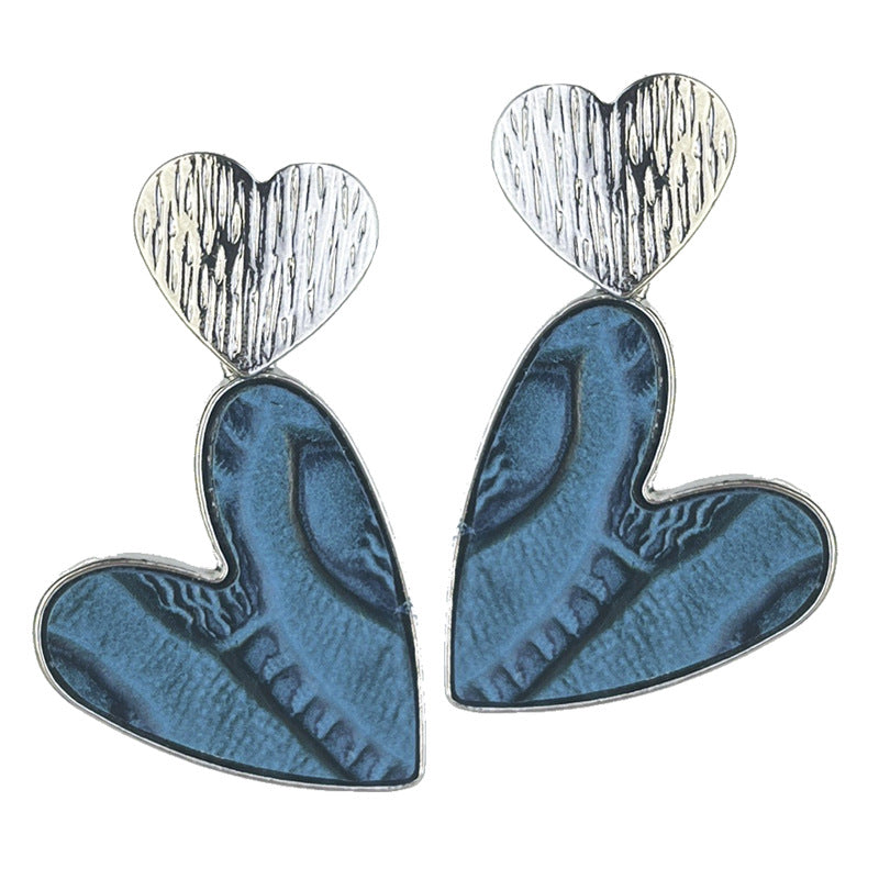 Wholesale 2Pairs/pack Metal Double Heart Embossed Textured Western Leather Earrings
