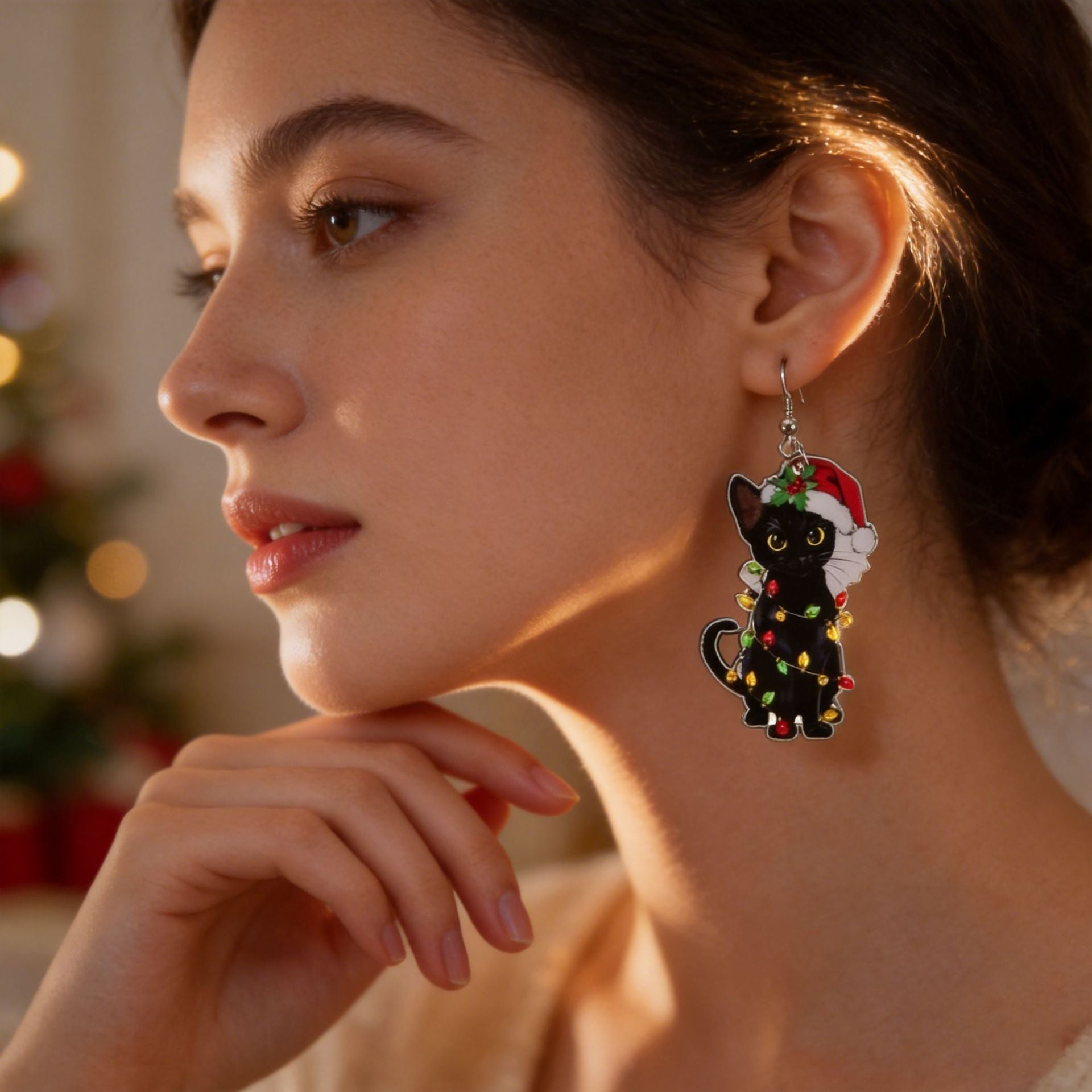 Wholesale Cute Black Cat Earrings With Christmas Hat And Colorful Lights Acrylic Jewelry Accessory For Holiday Party