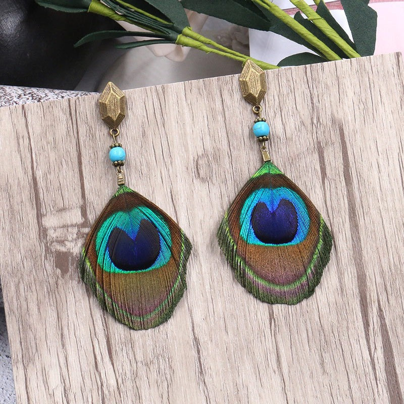 Wholesale Vintage Peacock Feather Exaggerated Earrings