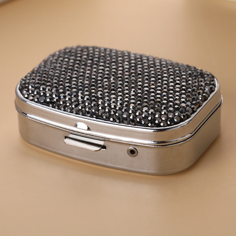 Wholesale Metal Diamond-encrusted Two-compartment Medicine Box, Portable with Mirror