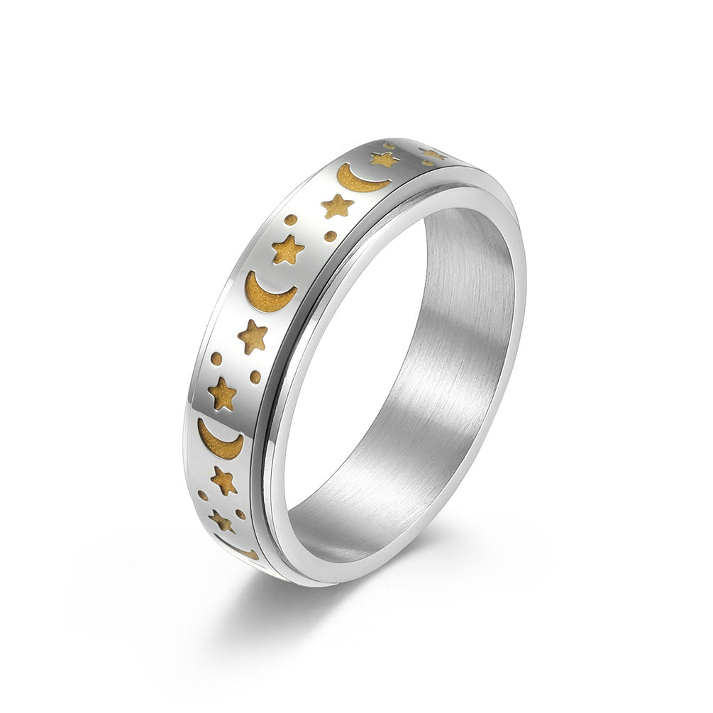 Wholesale Star and moon titanium steel rotatable luminous ring