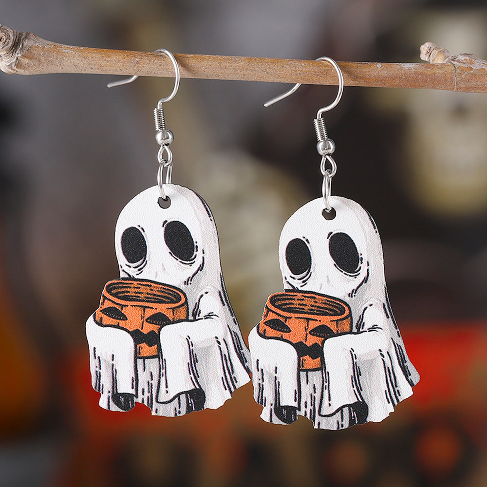 Wholesale Ghost Face Dangle Earrings Wooden Gothic Double Sided Earrings