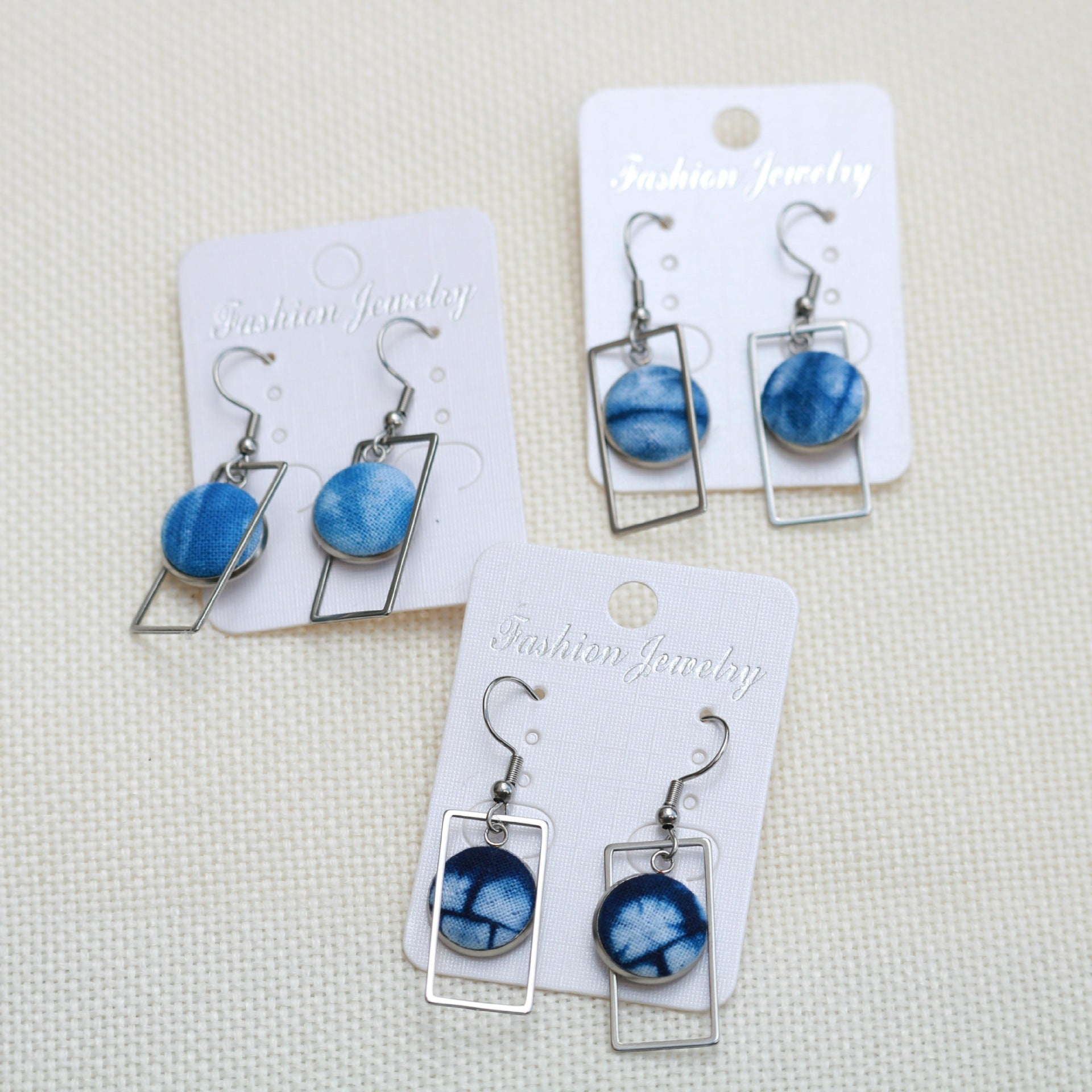 Wholesale Ethnic Style Earrings Tie-Dye Blue Dye Batik Hand-Woven Fabric Buckle Earrings Earrings