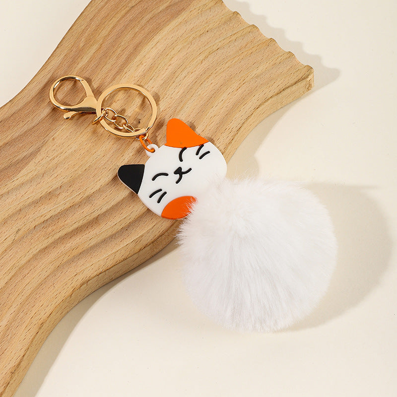 Wholesale Cartoon Three Flower Cat Pom Pom Keychain