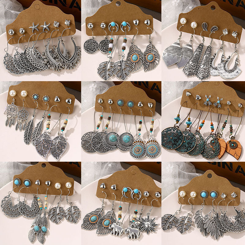 Wholesale Gem Hollow Half-circle Leaf Feather Vintage Earrings 6 Pairs Set