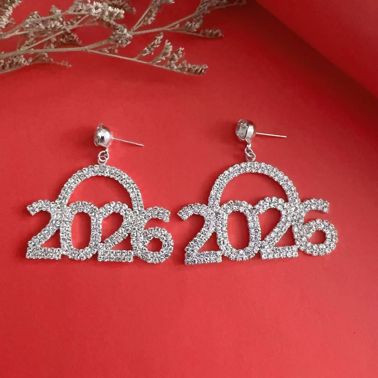 Wholesale Diamond Number 2026 Arched Geometric Blingbling Earrings