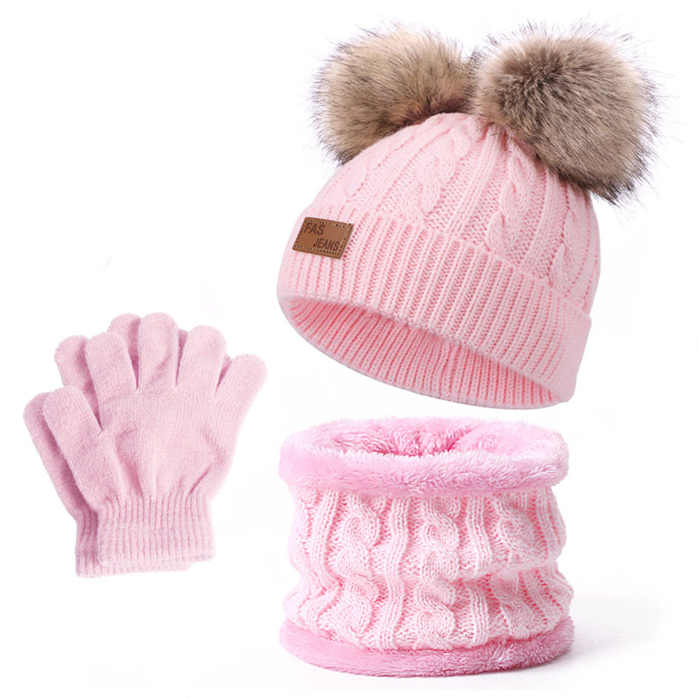 Wholesale Winter Baby Infant Child Warm Plus Velvet Thickened Scarf Pompom Hat Two-piece Set