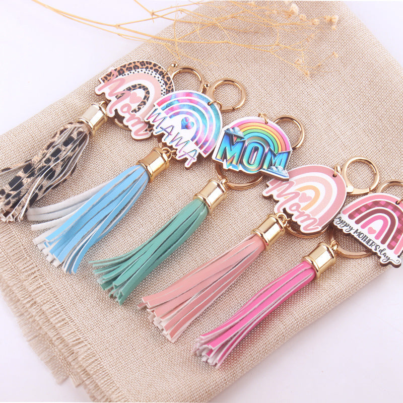 Wholesale Mother's Day Leather Tassel Rainbow Keychains