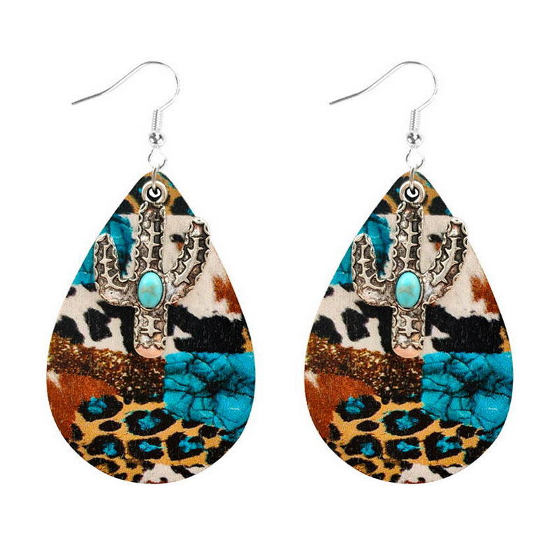 Wholesale Western Style Turquoise Leopard Print Sunflower Cow Print Leather Drop Earrings