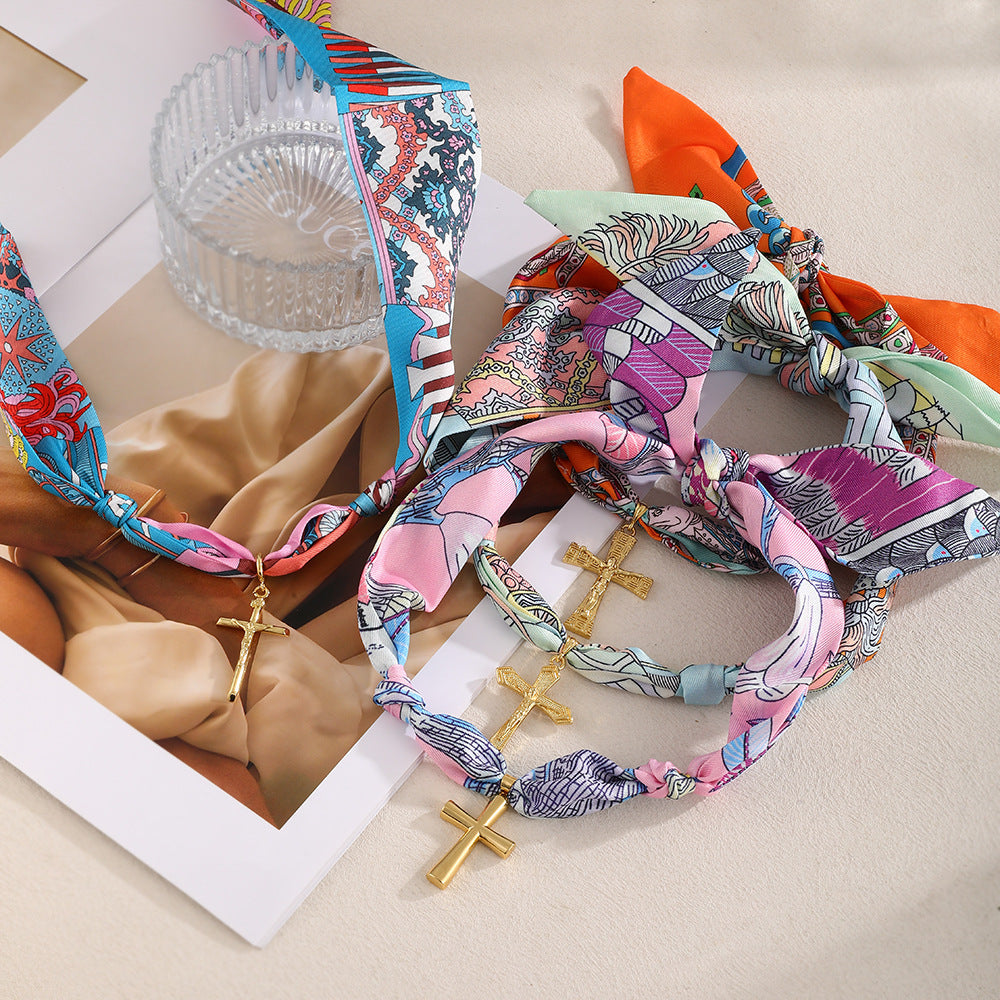 Wholesale Colorfulful Silk  Knotted Cross Religious Titanium Steel  Necklace