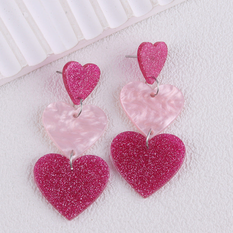 Wholesale Asymmetric long triple heart Acrylic Earrings