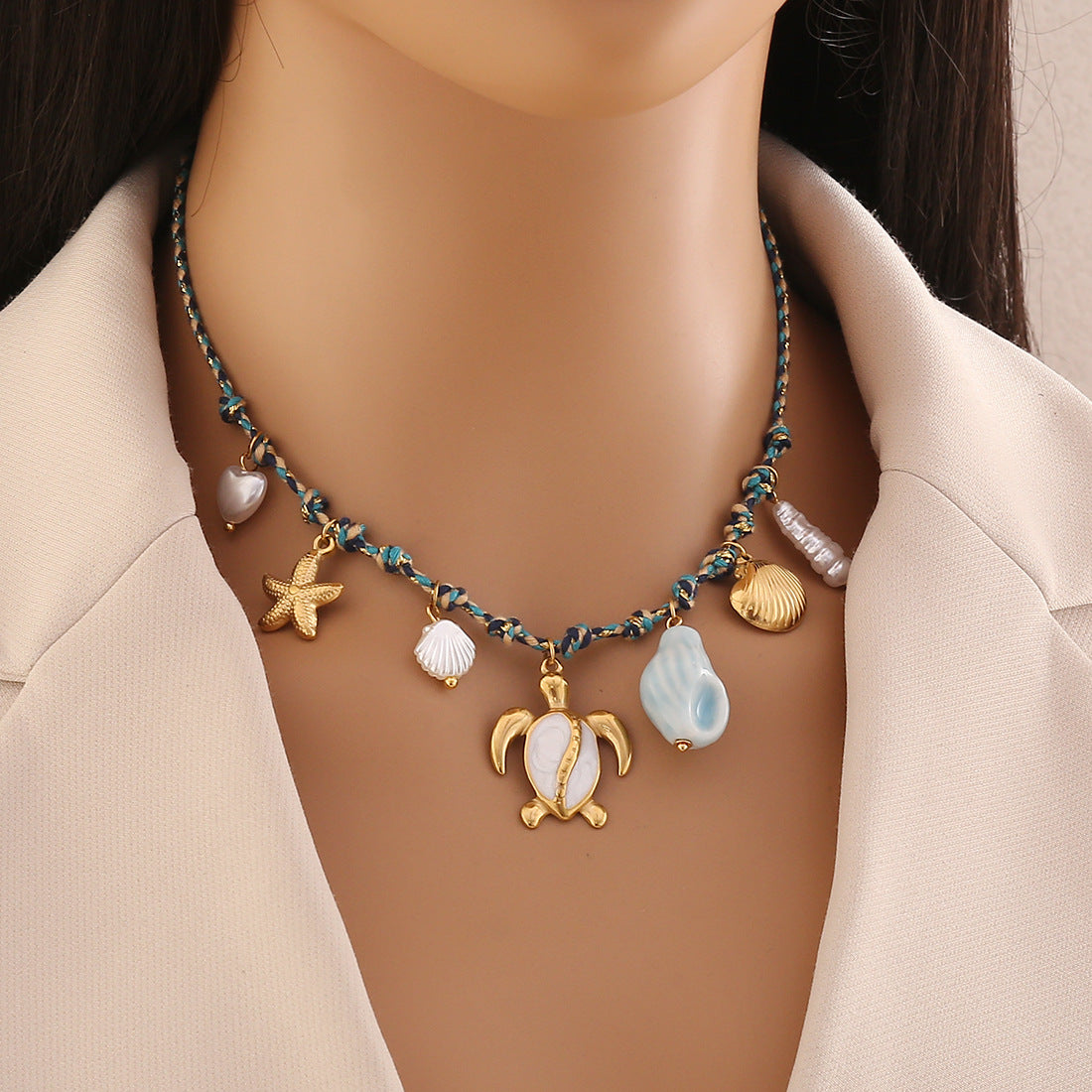 Wholesale Bohemian Braided Starfish Conch Beach Necklace