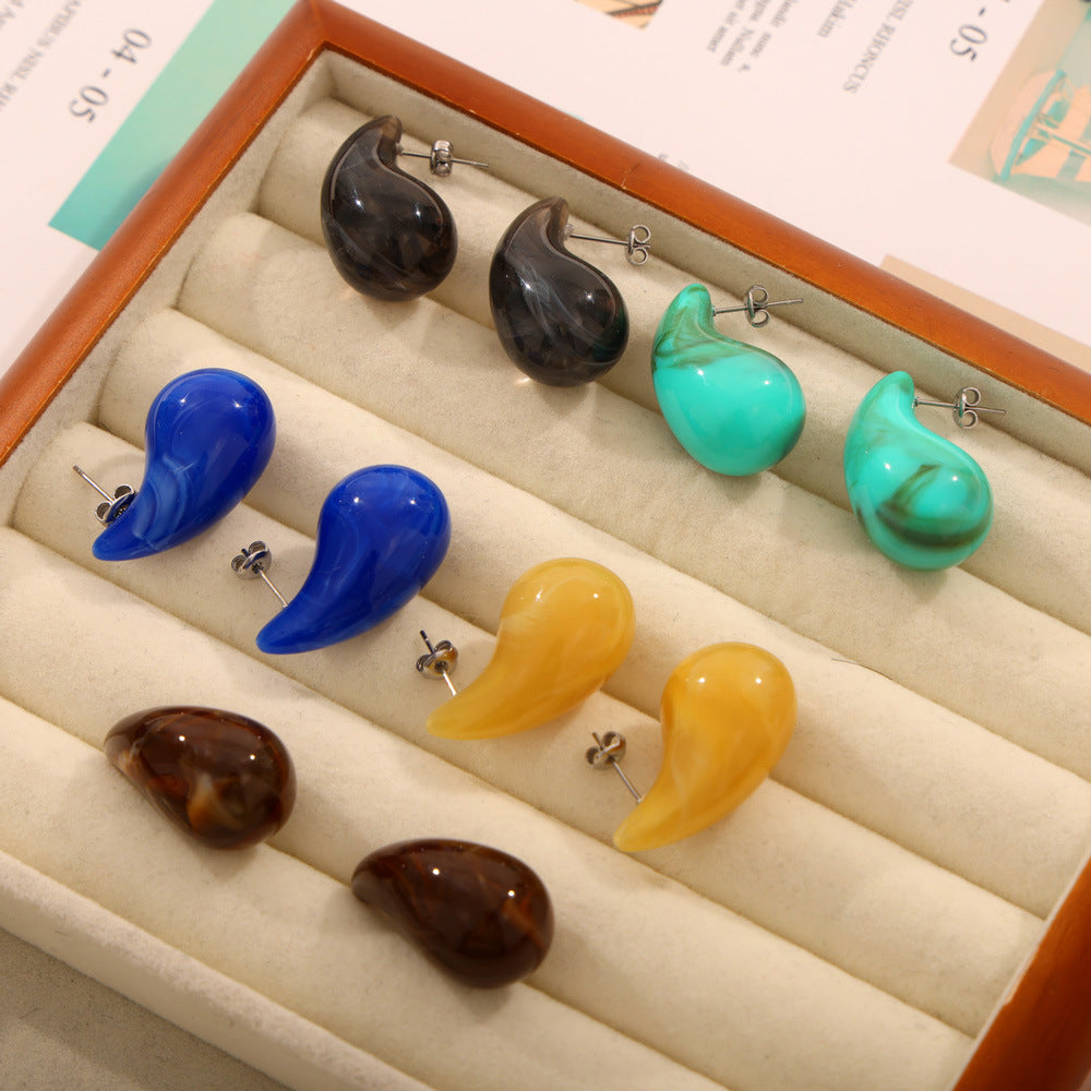 Wholesale Colorful Water Drop Resin Titanium Steel Earrings