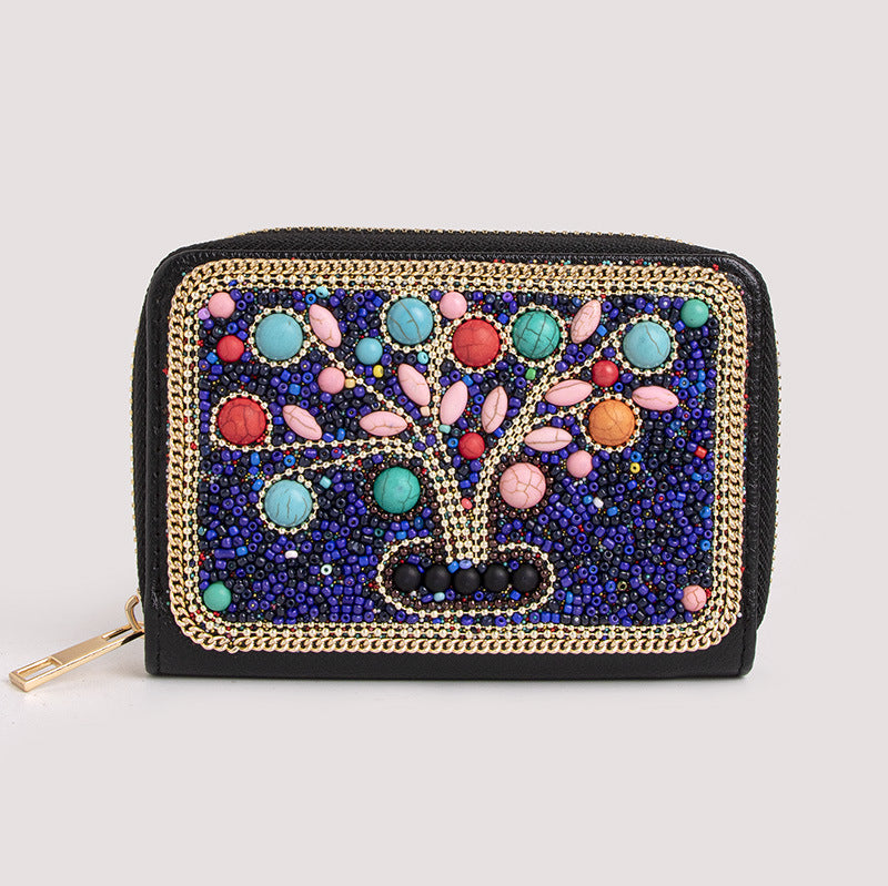Wholesale Heavy Industry Boho Style Rice Beads Butterfly Flower PU Clutch Bag